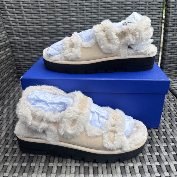 New Stuart Weitzman Zoe Lift Chill Suede Fur Sandals Cream Women's US 7B/EU37.5 - Picture 1 of 10
